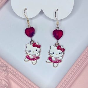 Hello Kitty Ballerina Drop Earrings with Faceted Crystal Glass Hearts